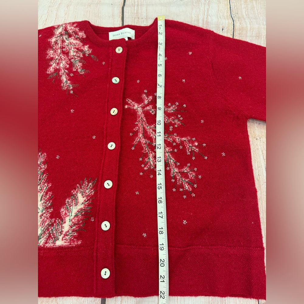 VTG Susan Bristol Wool Sweater Cardigan Medium Red Floral Beaded Cottage Granny - Picture 7 of 9